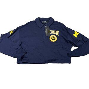 Pro Standard Mens Medium Blue Long Sleeve Michigan Wolverines Polo Shirt NWT